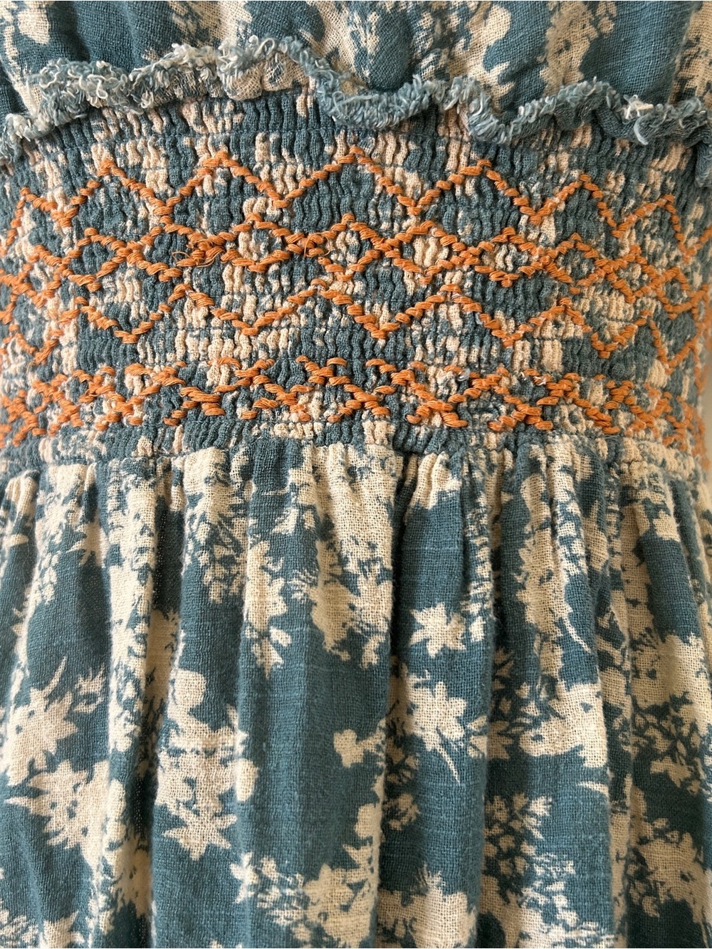 FREE PEOPLE "Ellie" Teal/Cream Floral Boho Puff Sleeve Dress, Size S,  W/Defect - Picture 4 of 9